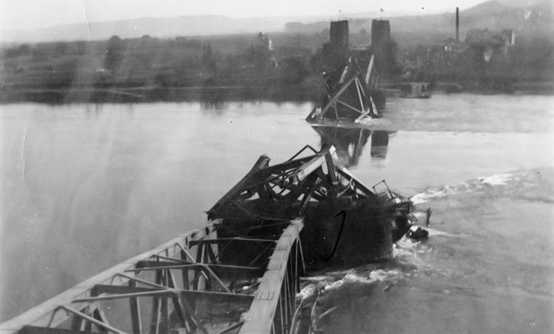 Destroyed bridge across the Rhine River, 1945