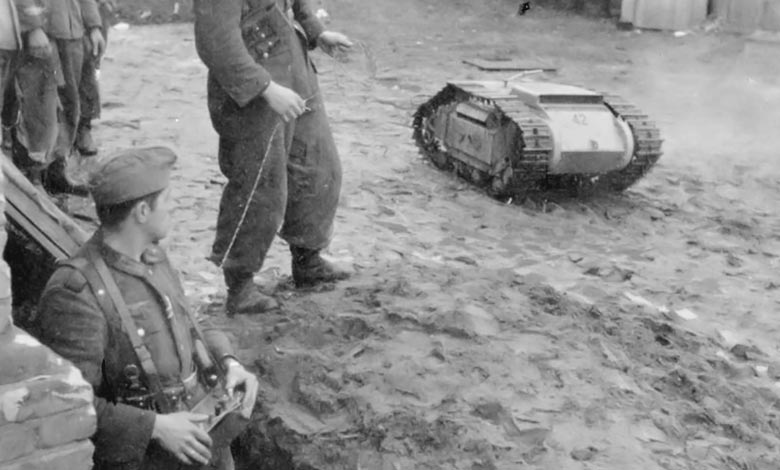 German soldier controlling the Goliath via a joystick control box