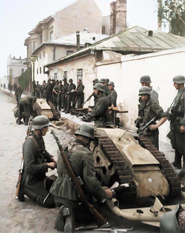 Germans preparing the Goliaths during the Warsaw Uprising, August 1944 (colorized)