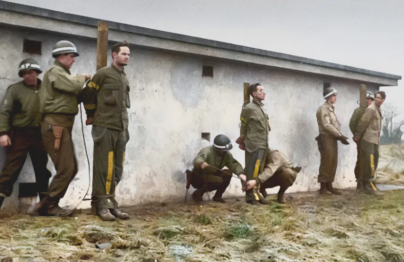 German infiltrators lined up for execution by firing squad after conviction by a military court for wearing U.S. Army uniforms during the Battle of the Bulge, December 23, 1944