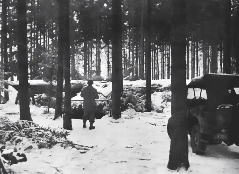 A camouflaged forest pillbox like those built by the I&R platoon