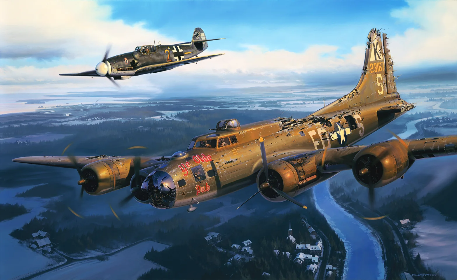 "Doc" Sadok plots a route to home, oblivious to the German fighter off his wing. Franz gestures towards Sweden in an attempt to get Charlie to change course.