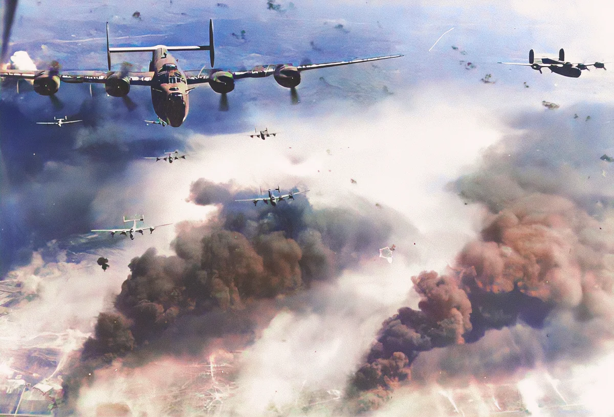 U.S. B-24 Liberators fly over Ploiești, Romania, following a raid on August 1, 1943. Of the 16 cameramen accompanying this mission, the one who took this photo was the only one to survive