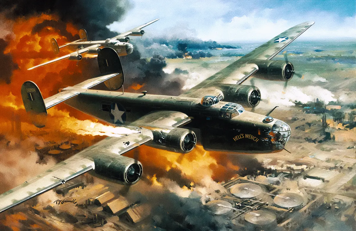"Hell's Wench," a B-24 badly damaged by anti-aircraft artillery fire, led the 93rd Bombardment Group (Heavy) in its daring low-level attack on the oil refineries at Ploesti, Romania, which supplied two-thirds of Germany's petroleum production at that stage of World War II. Lt. Col. Addison E. Baker, an Ohio National Guardsman who commanded the 93rd, ignored the fact he was flying over terrain suitable for safe landing. He refused to break up the lead formation by landing, and led his group to the target upon which he dropped his bombs with devastating effect. Then he left the formation, but his valiant attempts to gain enough altitude for the crew to escape by parachute failed and the aircraft crashed. For their gallant leadership and extraordinary flying skill, both Baker and his pilot, Maj. John L. Jerstad, received the Medal of Honor, posthumously. The raid, nicknamed "Operation Tidalwave," was costly, with 54 of the 177 bombers lost and 532 of the 1,726 personnel engaged listed as dead, missing or interned. Baker's service epitomized the role of National Guard aviators during World War II. Because of their experience, most of them were transferred from their 29 pre-war observation squadrons after mobilization. As individuals, they helped train and lead the huge numbers of volunteer airmen who served in Army Air Force units during the war. Baker and other Guard aviators carried on a long tradition of dedicated service to the states and nation.