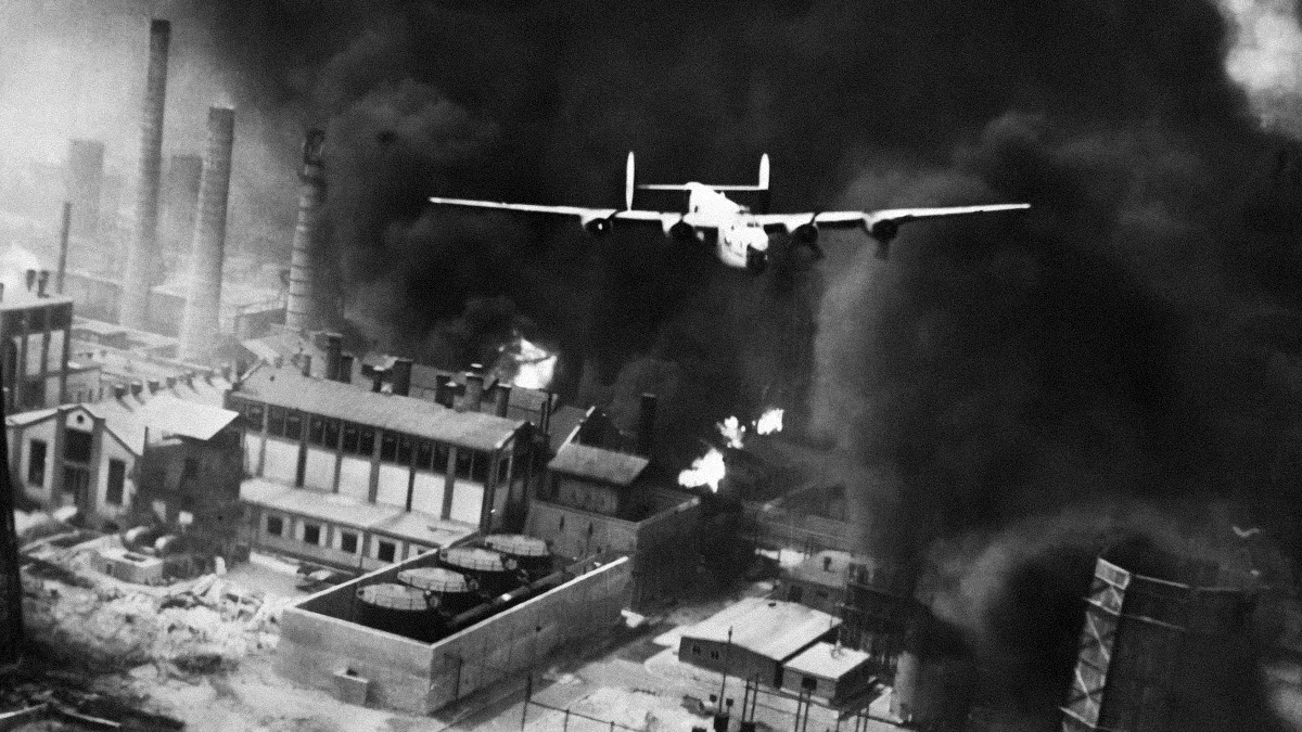 A B-24 Liberator called "The Sandman" during a bomb run over the Ploiești Astra Română refinery during Operation Tidal Wave