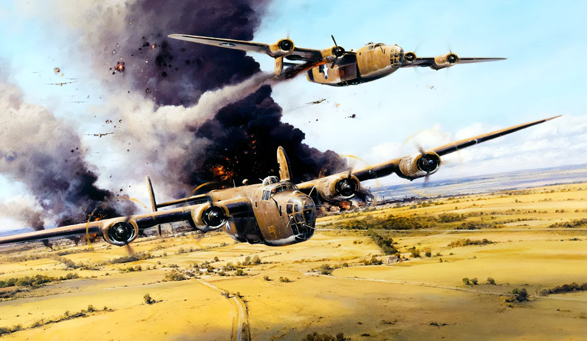 Colonel Leon Johnson aboard the damaged ‘Suzy Q’ emerges through an inferno of exploding bombs, intense ground fire, and dense palls of acrid burning oil.