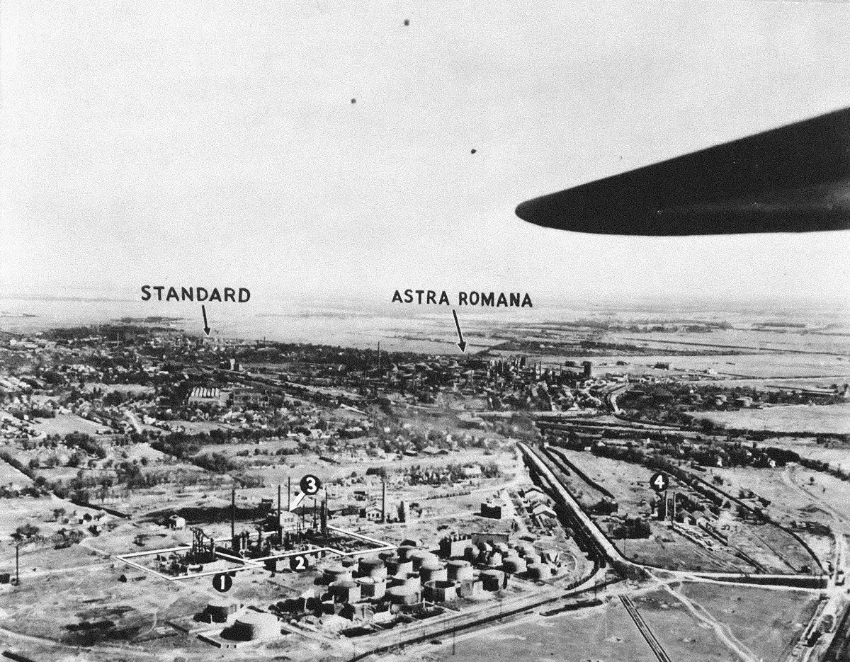 Reconnaissance photo of the two primary oil refineries in Ploesti, taken in the preparation of the low-level B-24 Liberator bomber attack of Aug 1, 1943